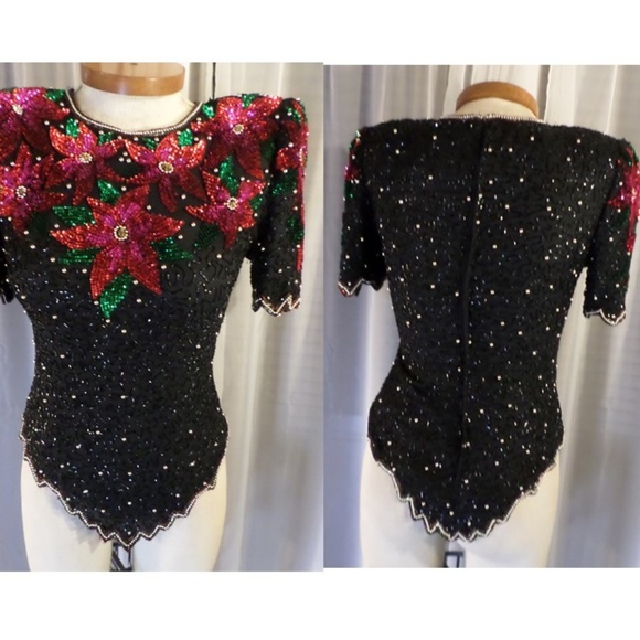 NWT Black Red Gold Silk Bead Sequin Holiday Blouse - Picture 2 of 8